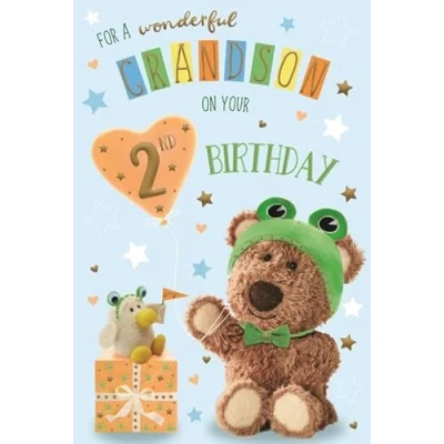 Image of ICG Wonderful Grandson 2nd Birthday Card Age 2 Barley Bear Frog and Duckling Embossed with Foil Details
