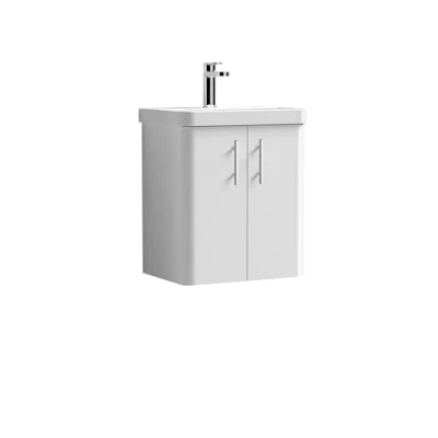 Image of Curve Wall Hung 2 Door Vanity Basin Unit 500mm Gloss White with Chrome Knurled Bar Handles (Tap Not Included)