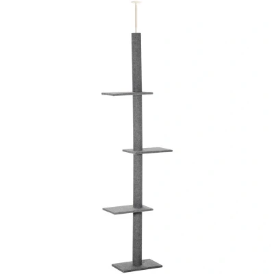 Image of PawHut 260cm Floor To Ceiling Cat Tree for Indoor Cats w/Three Platforms Activity Centre Grey