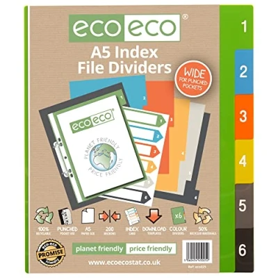 Image of eco A5 50% Recycled Set 6 Wide Index File Dividers eco025 Multicolour