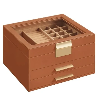 Image of SONGMICS Jewellery Box with Glass Lid, 3 Layer Organiser 2 Drawers, Storage, Plenty of Modern, Gift Idea, 20.3 x 23.1 13.5 cm, Caramel Brown and Gold JBC239K01
