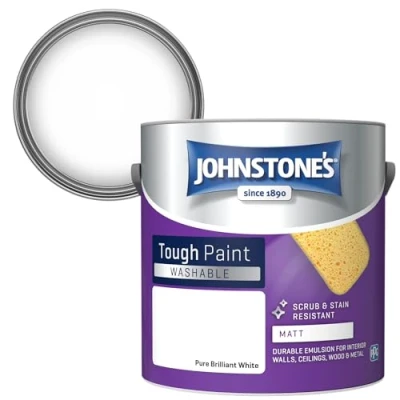 Image of Johnstone&#039;s Washable Paint Pure Brilliant White Matt Finish Emulsion Highly Durable Stain Resistant Non Toxic &amp; Low Odour 12m2 Coverage per Litre 2.5L