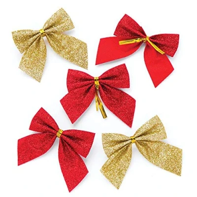 Image of Baker Ross AR827 Christmas Glitter Bows Pack of 24, Red and Gold with Ties for Festive Ornaments, Decorations, Arts Crafts
