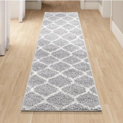 Image of homeart Area Rug Super Soft Geometric Shaggy Rugs For The Living Rooms, Bedrooms And Kitchen Modern, Easy To Clean Carpet(Trellis Grey Ivory 80x300 cm)