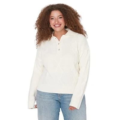 Image of Trendyol Women Plus Size Regular Double Breasted Polo Neck Knitwear Jumper Ecru