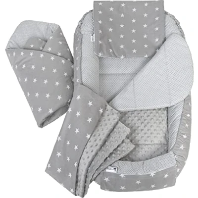 Image of 5pcs Set with Baby Nest 100x60x15cm Removable Insert Flat Cushion Blanket Babyhorn for Babies Newborns 100% Cotton Medi Partners (Stars Grey Plush)
