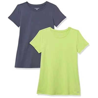 Image of Amazon Essentials Women&#039;s Tech Stretch Short Sleeved Crew Neck T Shirt (Available in Plus Size), Pack of 2, Lime Green/Slate Grey, S