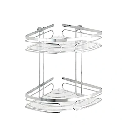 Image of WENKO 20412100 2Tier Corner Rack Premium Fixing without drilling, Metal Stainless steel, 26.5 x 27.5 19 cm, Shiny