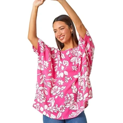 Image of Roman Originals Swirl Print Button Back Top for Women UK Ladies Everyday Holiday Spring Summer Round Neckline Comfy Soft Evening Vacation Work Party Pink Size 20