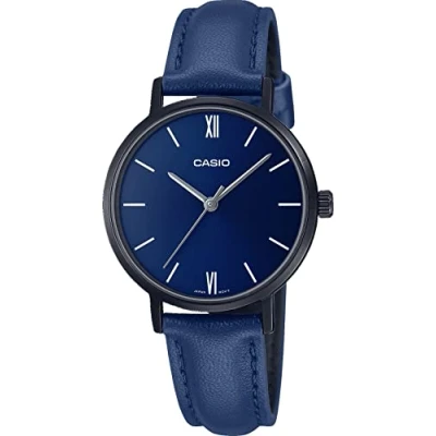 Image of Casio LTP VT02BL 2A Women&#039;s Minimalistic Black IP Blue Dial Leather Band 3 Hand Analog Watch