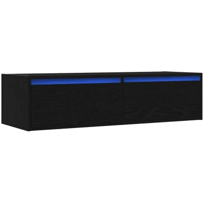 Image of vidaXL Black Oak TV Cabinet with LED Lights Engineered Wood, 100x35.5x25 cm for Living Room/Bedroom, Modern Style, Wall Mountable