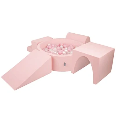Image of KiddyMoon Foam Playground For Kids With Round Ballpit (300 Balls ∅ 7Cm/2.75In) Soft Obstacles Course And Ball Pool, Made In EU, Pink:Powder Pink/Pearl/Transparent
