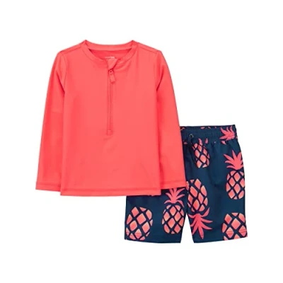 Image of Simple Joys by Carter&#039;s Baby Boys&#039; Swimsuit Trunk and Rashguard Set Rash Guard, Coral Orange/Navy Pineapple, 12 Months