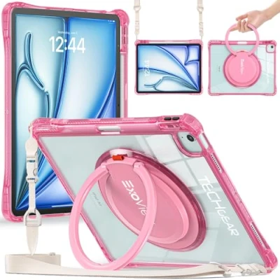 Image of TECHGEAR ExoView Case for Apple iPad Air 13&quot; 2024 (M2), Pro 12.9&quot; 2022 2021 6th / 5th Generation Tough Rugged HEAVY DUTY Slim Clear Stand Case, 360 Ring Grip Hand Holder, Shoulder Strap Pink