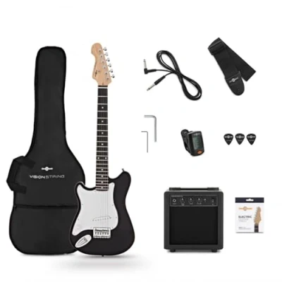 Image of VISIONSTRING Left Handed 4/4 Electric Guitar Kit with Amp, Extra Strings and Accessory Pack, Black