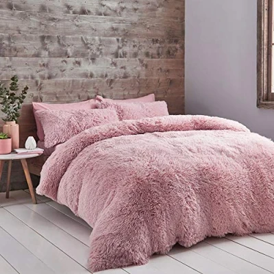 Image of Catherine Lansfield Cuddly Deep Pile Faux Fur Double Duvet Cover Set with Pillowcases Blush Pink