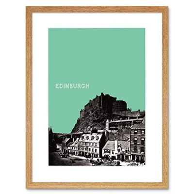Image of Wee Blue Coo Cityscape Edinburgh B&amp;W Scotland Turquoise Vintage Old Framed Wall Art Print