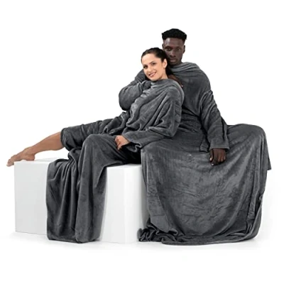 Image of DecoKing 170x200 TV Microfibre Cuddly Blanket with Sleeves and Pockets, Soft Fluffy Fleece Blanket, Microfibre, graphite, 170 x 200 cm
