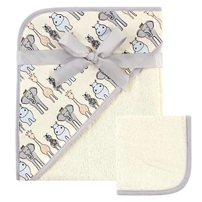 Image of Hudson Baby Unisex Cotton Hooded Towel and Washcloth, Royal Safari, One Size