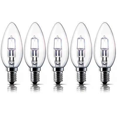 Image of E14 42W Halogen Candle Light Bulbs, Small Edison Screw Bulb (SES) 2700K Warm White Dimmable Pack of 5