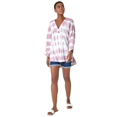 Image of Roman Originals Cotton Tie Dye Button Detail Top for Women UK Ladies Everyday Holiday Spring Summer V Neckline Comfy Soft Evening Vacation Work Party Mauve Size 14