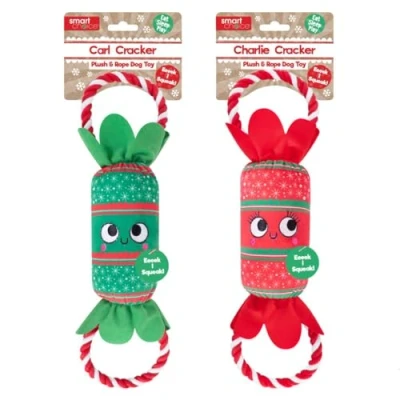 Image of YöL Pack of 2 Green Red Plush Christmas Cracker Pet Dog Puppy Toy Squeaker Chew Rope Tug War Festive Stimulating Interactive Play