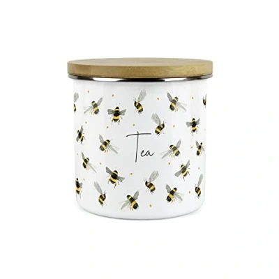 Image of Purely Home Scattered Bees Tea Canister White Metal Enamel Kitchen Food Storage Container