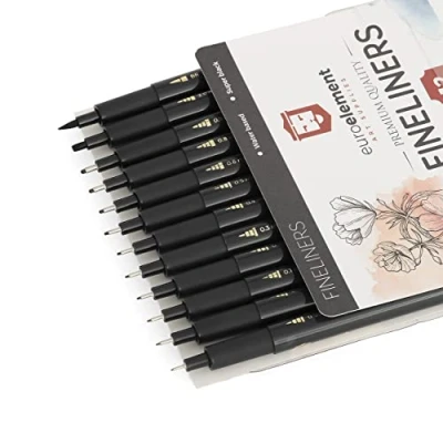 Image of EuroElement Black Fineliner Pens Set Art Supplies 12 Pack Technical Microliner Drawing for Artist, Brush Handwriting, Calligraphy, Sketching, Illustrations,