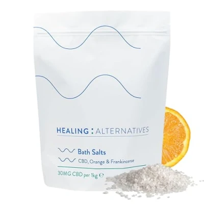 Image of Healing Alternatives CBD Bath Salts Orange &amp; Frankincense Dead Sea with 30mg Broad Spectrum 21 Minerals Magnesium for Joint Mobility, Relaxation Wellbeing 1kg Bag
