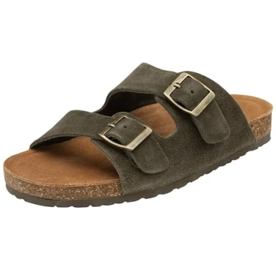 Image of Womens Summer Sandals Double Buckle Genuine Suede Soft Footbed Sliders Cork Slip On Comfort Shoes Sizes 3 8 (Olive Green, UK Footwear Size System, Adult, Women, Numeric, Medium, 5)