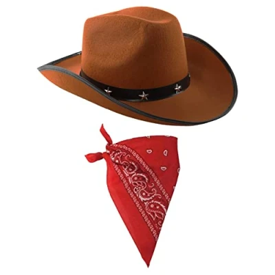 Image of COWBOY FANCY DRESS ACCESSORY SET COSTUME BROWN STAR STUDDED HAT &amp; COLOURED PAISLEY BANDANA WILD WEST WESTERN SHERIFF BANDANNA ILOVEFANCYDRESS® (RED PACK OF 1)