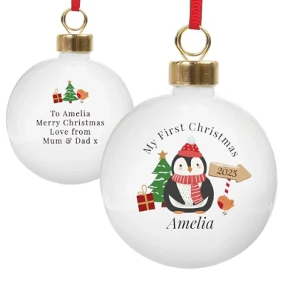 Image of My 1st Christmas Penguin Bauble. Personalised Tree Decoration