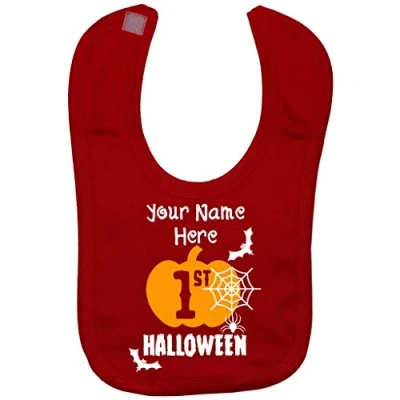 Image of Acce Products Personalised My First Halloween Baby Feeding Bib Touch Attach 0 to approx 3 Years Red