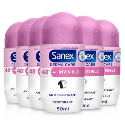 Image of Sanex Derma Care Invisible 48 Hour Antiperspirant Roll On Deodorant 6x50ml long lasting freshness against sweat and odour gently cares for skin contains 0% alcohol* protects stains