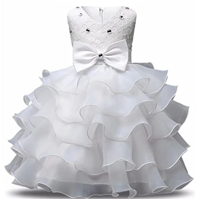 Image of NNJXD Girl Dress Kids Ruffles Lace Party Wedding Dresses Size (120) 4 5 Years White