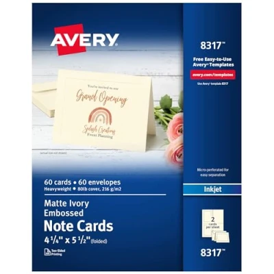 Image of Avery Printable Note Cards with Envelopes, 4.25&quot; x 5.5&quot;, Ivory Embossed Border, 60 Blank for Inkjet Printers (08317)