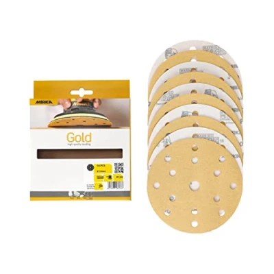 Image of Mirka Gold Universal sanding Paper Ø 150mm discs Grip 15 hole, grit P120, 10 pcs/For plaster, filler, chipboard, wood, varnish