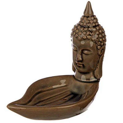 Image of Eden Thai Buddha Head and Leaf Incense Holder, Ceramic, Multi, Height 10cm Width 6cm Depth 11cm