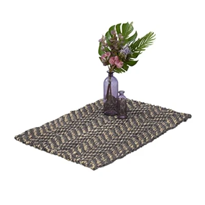 Image of Relaxdays Jute Rug, 60 x 90 cm, Handwoven Mat, Natural Fibres, Hallway Runner, Living Room, Kitchen, Grey/Beige