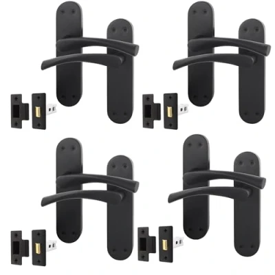 Image of EAI Black Door Handle &amp; Latch Set 4 Pair Matt Internal Lever Handles on Backplate with (64mm) Novoli Range