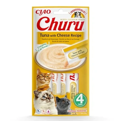 Image of Ciao Churu Sticks by INABA Cat Treat Tuna &amp; Cheese Flavour (4 x 14g) / Soft Creamy Treat, Delicious Healthy Snack, Squeezable Purée Food Topper, Pill Assist, Natural, Grain Free