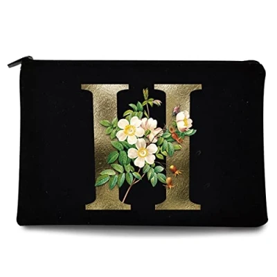 Image of 26 Letter Printed Zip Canvas Pouch Makeup Bag Make Up Bag, Cosmetic Travel Bag,Toiletry Bag,Organizer Bags,Toiletry Bags, Bride Bridesmaid Bag,Pencil Bag,Wash Bag,Coin Purse (Golden Flower H)