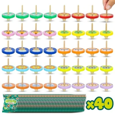 Image of Wooden Spinning Top Party Bag Fillers for Kids Pack 40 BONNYCO Bags Kids&#039; Favours Fillers, Pre Filled Pinata Stocking