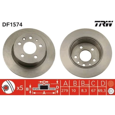 Image of 1084230212, 1154200072, 1154230212, 1154230412, 1264230012 Brake disc TRW DF1574 279mm 10mm 5 112mm solid Painted MERCEDES BENZ: W123 Saloon