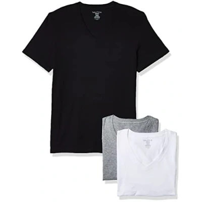Image of Nautica Men&#039;s Cotton V Neck 3 Pack T Shirt Undershirt, New White/Black/Heather Grey Pack, Large (Pack of 3)