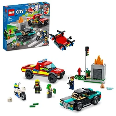 Image of LEGO City Fire Rescue &amp; Police Chase 60319 Building Kit for Ages 5+; with a Pickup Drone, Motorbike, Crook’s Vehicle, Toy Traffic Light and Flames, Plus 3 Minifigures (295 Pieces)
