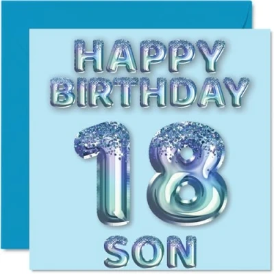 Image of 18th Birthday Card for Son Blue Glitter Party Balloons Happy Cards 18 Year Old from Mum Dad Parents, 145mm x Bday Greeting Gift