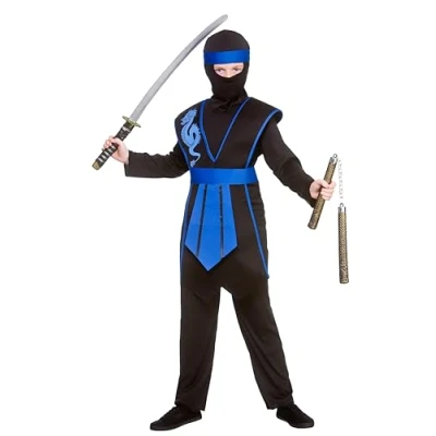 Image of Wicked Costumes Boys Samurai Ninja Black/Blue Fancy Dress Costume Medium (5 7 Years)
