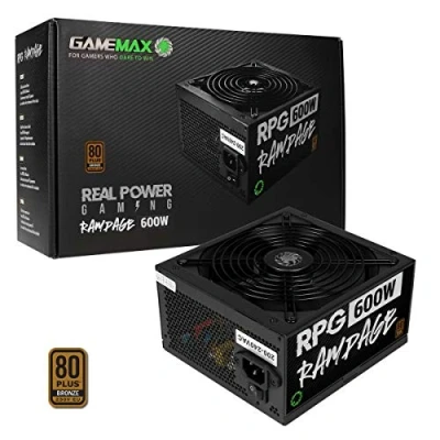 Image of GameMax 600W Rampage Power Supply (No Cable inc.), Non Modular, APFC, Japanese Tk Main Capacitor, 80 Plus Bronze, 88% Efficiency, 14cm Cooling Fan, Real Gaming Black