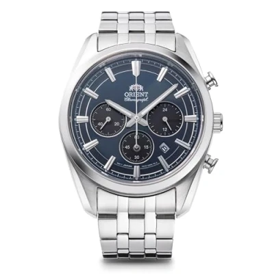 Image of Orient Stretto Solar Chronograph 43mm Navy Blue Dial Steel Strap Men’s Watch RA TX0303L10B Should say 40mm